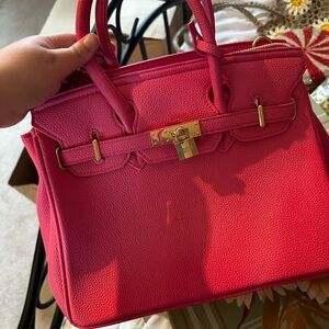 Stylish Hot Pink Structured Tote Bag with Gold Hardware